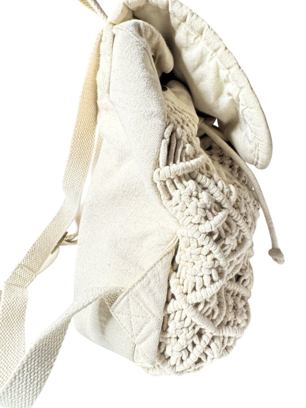 Handmade Macrame Backpack W/Adjustable Straps Canvas Back & Drawstring Closure - Picture 4 of 11